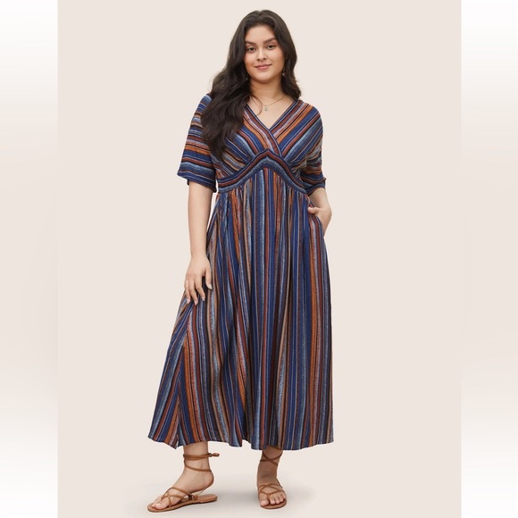 BloomChic Striped Contrast Dolman Sleeve Shirred Pocket Split Flutter Dress - Picture 3 of 7